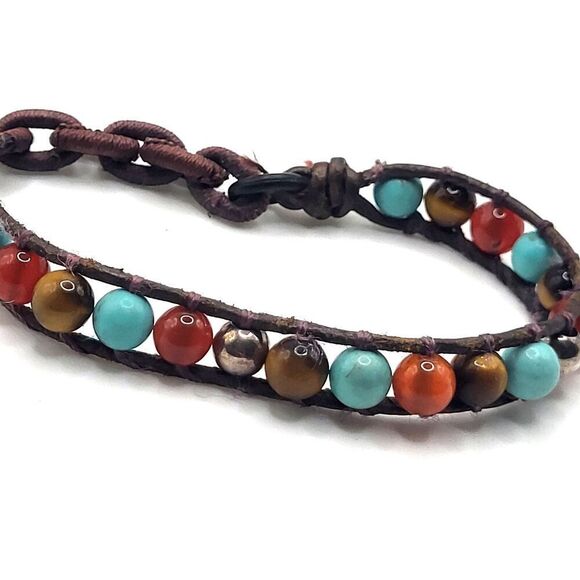Braided Boho Style Turquoise Tiger's Eye Leather Strap Bracelet 7in - Picture 2 of 3